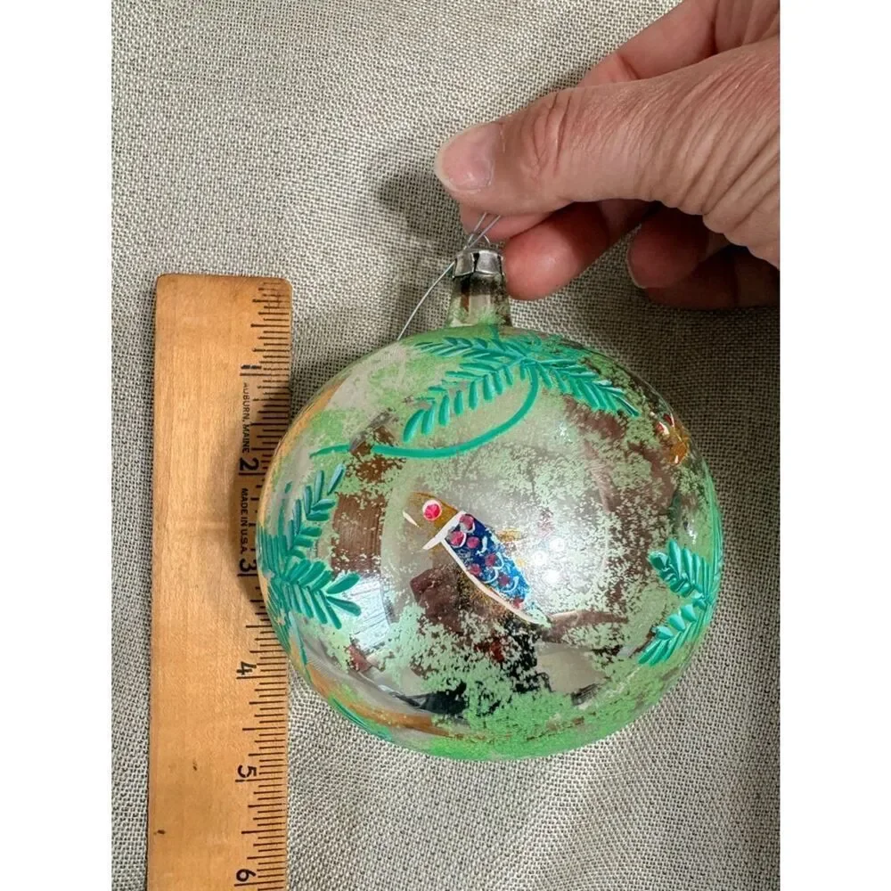 Vintage Glass Ornaments Set 2 Hand Painted Fish Mercury Style approx 4” diameter